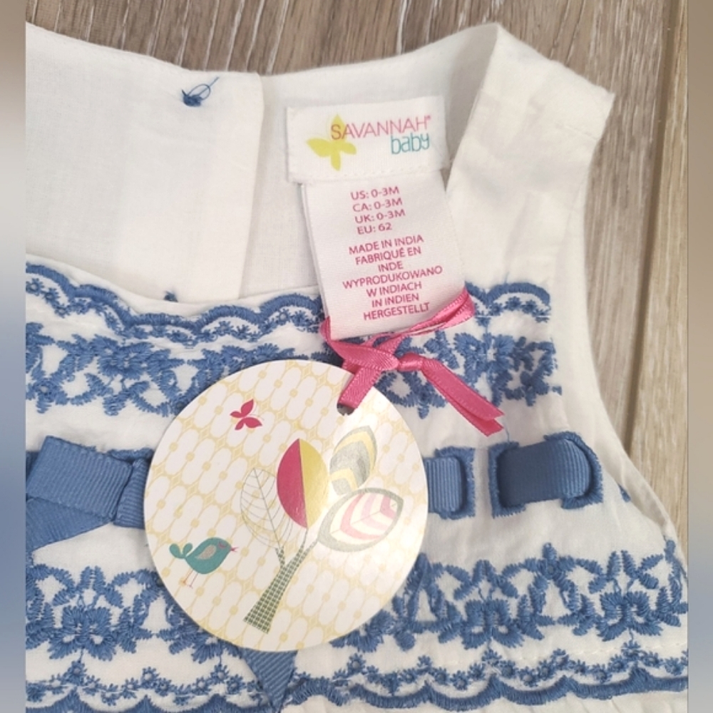 Savannah baby sleeveless embroidered white and blue dress Size 0-3 months - Picture 14 of 14